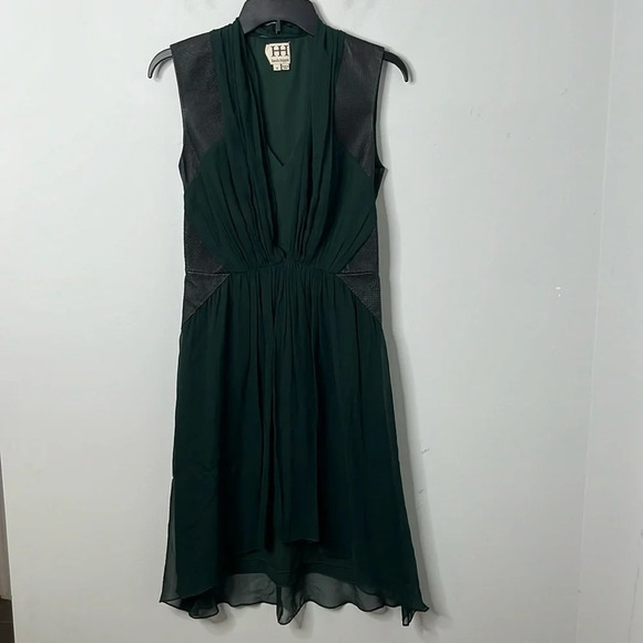 Haute Hippie Green Silk Leather Accent V-neck Sleeveless Dress - Picture 2 of 7